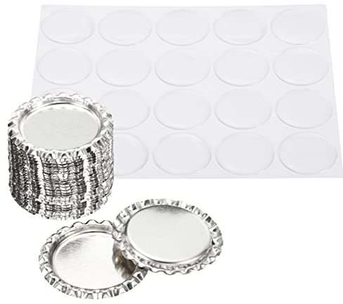 PATIKIL 1 Inch Flat Decorative Bottle Caps, 20 Set Craft Bottle Pendant Trays Double Sides Printed with Clear Resin Stickers for DIY Craft, Silver Tone