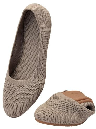 Puxowe Damen Ballerina Runde Zehe Stricken Flache Schuhe Komfort Weich Slip On Ballerina Walking Flats Schuhe für Frauen Niedriger Keil Lässig 39.5 EU Khaki