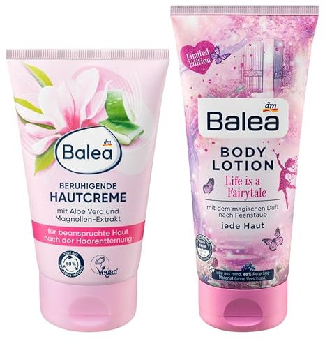 Balea 2er-Set Hautpflege: Beruhigende Hautcreme mit Aloe Vera für beanspruchte Haut nach der Haarentfernung (125 ml) + Bodylotion Life is a Fairytale mit magischem Duft nach Feenstaub (200 ml), 325 ml
