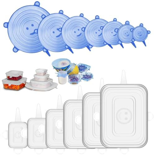 Silikondeckel Dehnbar Set,12 Stück Silikon Stretch Deckel in Verschiedenen Größen,Wiederverwendbare Silikon Abdeckung für Lebensmittel,Dehnbare Silikondeckel BPA Frei für Schüsseln,Becher,Dosen,Obst