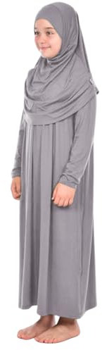 Prien Robe De Priere Pour Enfant, Vetement Musulmane Pour Fille, Abaya À Manches Longue Avec Hijab, Vêtements Islamique Pour Femme (Gris, One Size)