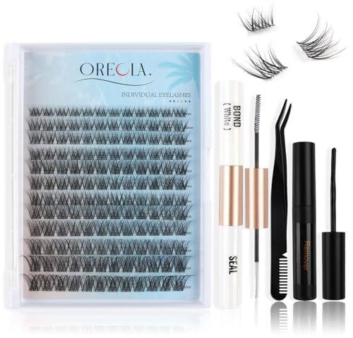 Oreola Cluster Lashes Set Pestañas Individuales Natural D Curl 8-16mm Wispy Lash Extensions Base ancha 144PCS Pestañas individuales de banda transparente invisible con Bond&Seal, removedor, aplicador