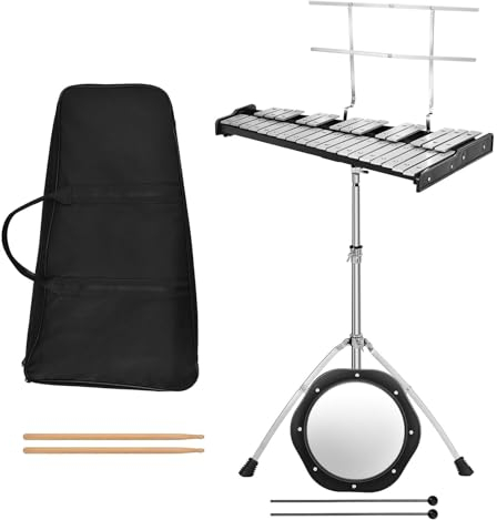 GOPLUS Glockenspiel Pliable de 32 Notes en Aluminium pour Enfants, Instrument de Musique Xylophone avec Support Réglable, Pupitre, Baguettes en Bois, Sac de Transport, Tambour d'Entraînement