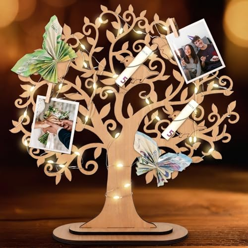 Giftota Arbre à argent en bois avec guirlande lumineuse LED - 29 x 29 cm - Cadeau d'anniversaire, cadeau de mariage, emballage pour hommes, femmes, jeunes mariés