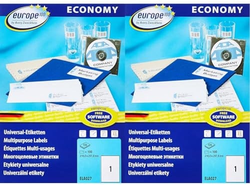 europe100 ELA027 Universal Etiketten (100 Klebeetiketten, Format 210x297mm auf DIN A4, selbstklebende Versandetiketten, bedruckbare Versandaufkleber, 3478) 100 Blatt, weiß (Packung mit 2)