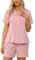 Lovasy Pyjama Coton Femme Short Ensemble Pyjamas Légers Col V Manches Courtes Chic Été 2 Pièces Vêtements de Nuit Court Boutonnée A Rose L