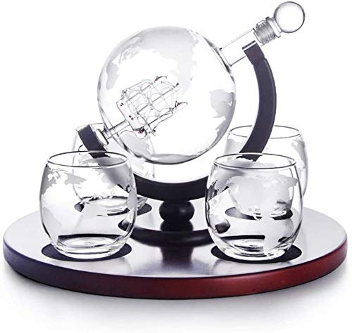 Porte-bouteilles Casier à vin Porte-verre à vin Carafe à whisky Verres Coffret cadeau Carafe globe 900 ml avec bouchon en verre 2 verres globe gravés Carte du monde Entonnoir verseur en acier inoxyd