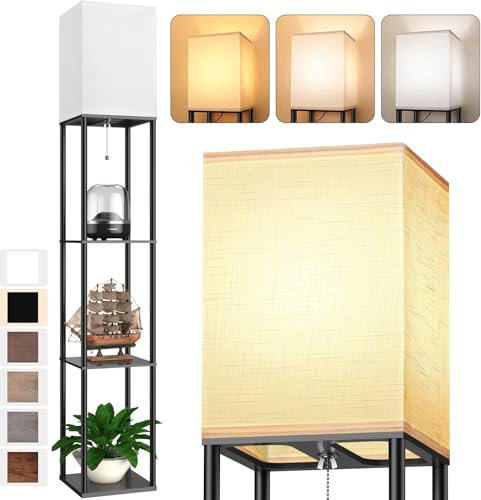 Stehlampe mit regal für Wohnzimmer Vintage Metall Stehlampe mit 3 Farbtemperaturen Floor Lamp mit weißen Leinen Schatten & Foot Switch Deckenfluter für Wohnzimmer Schlafzimmer und Büro Schwarz