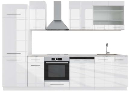 Vicco Küchenzeile Fame-Line, Weiß Hochglanz/Weiß, 300 cm | 8 Module · Höhenverstellbare Füße · Arbeitsplatte Marmor · MDF-Fronten · Softclose · Metallgriffe