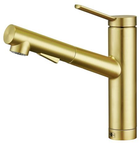 CREA Wasserhahn Küche, Küchenarmatur mit Ausziehbarer Brause, Spültischarmatur Küche mit 2 Strahlarten, 120° Drehbar Mischbatterie Küche, Gebürstetes Gold