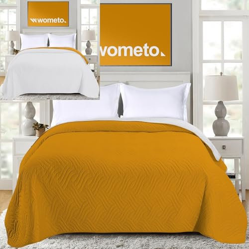 wometo Tagesdecke 170x210 cm OekoTex - Microfaser-Bezug gelb hellgrau wattiert gesteppt Wende-Design XXL Sofa Couch Bett Bettüberwurf