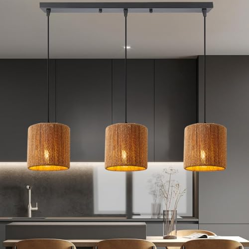 Pendelleuchte Rattan Esstisch 3 Flammige Boho Lampe Hängend Rustikal Geflochten Hängelampe Korb E27 Pendelleuchten Vintage Industrielle Metall Natürlicher Rattan Lampenschirm Für Esszimmer Büro Küchen