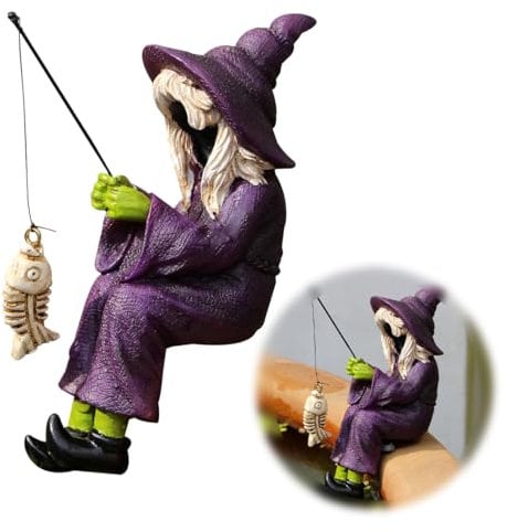 HyzaPhix Hexe Figur Angeln Deko Halloween Gartenfiguren, Fischer Figur Gartendeko Gartenstatuen Witch Fishing Statue Garten für Draußen Wohnzimmer Teich Balkon Deko Geschenke (Hexe)