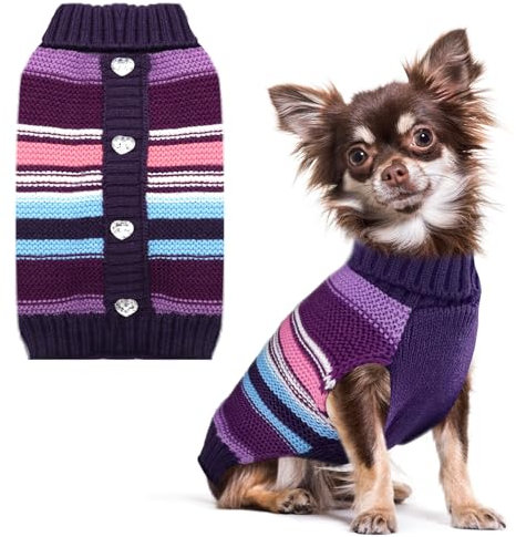Gestreifter Hunde-Pullover, Kaltes Wetter Kabelstrick, klassischer Rollkragenpullover Dicke warme Pullover Kleidung für kleine bis mittelgroße Hunde Kleidung(Violett gestreift,XS)