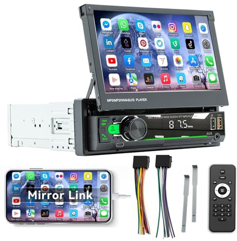 Bluetooth 1 DIN con Pantalla Táctil Extraible de 7 Pulgadas,Radio de Coche con Bluetooth Manos Libres Mirror Link FM Radio 7 Luces de Color Control en el Volante,Soporte USB/AUX/Type-C