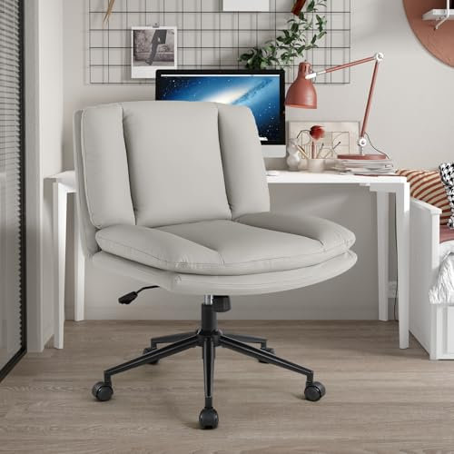 IWMH Chaise de bureau sans accoudoirs avec roulettes, pieds croisés en cuir synthétique, chaise de bureau à assise large avec rembourrage double épaisseur, chaises pivotantes ergonomiques réglables en