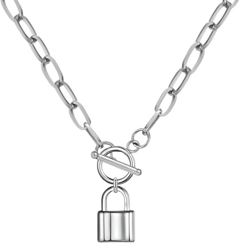 Accessorie Sterling Silver Coin Toggle Necklace For Women, Toggle Paperclip Chain Padlock Pendant Necklace - Lock And Key, Heart, Coin Chain Pendant Necklace