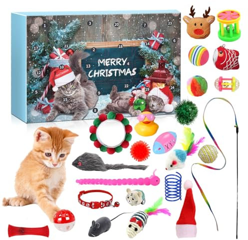 Katzen Adventskalender 2024, 24er Set Katzenspielzeug, Weihnachtskalender 24 Tage Weihnachts Countdown Katze interaktives Spielzeug, Countdown Xmas Geschenk für Kitten Katzenliebhaber