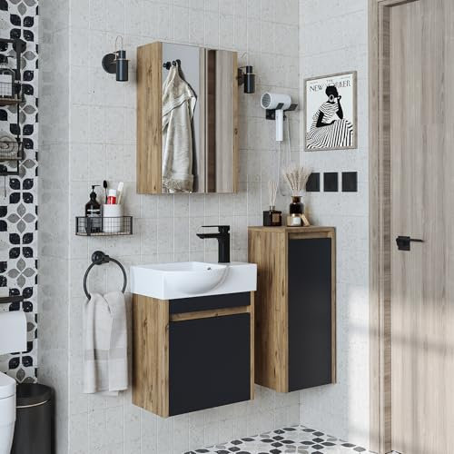 ROOMART Badmöbelset • Leo • Unterschrank mit Waschbecken • Badezimmer Möbel • Gäste WC (Antrazit Eiche, Komplettes Set(Wasserhahn rechts))