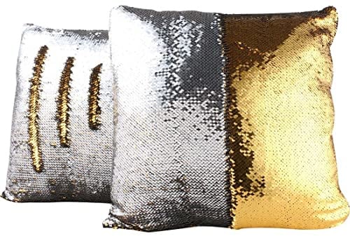Jungengel 4er Set Pailletten Kissenbezüge 40x40 cm – Bi-Color Glitzerkissen – Dekokissen für Sofa & Bett (Silber & Gold)