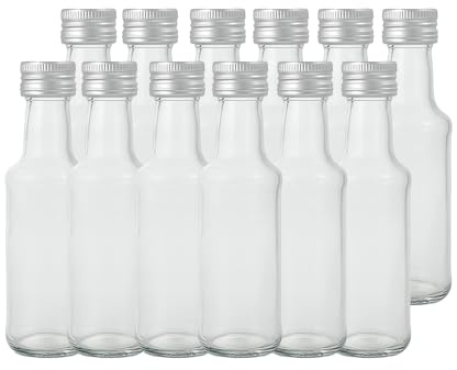 Vitrea 12 leere Glasflaschen 200ml MON-P Schraubverschluss Silber - Flaschen zum Befüllen mit Deckel - für Saft, Getränke, Likör, Öl, Saucen (Silber, 200 ml MON PP28)