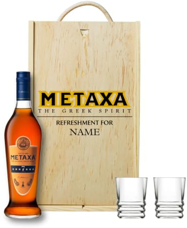 Personalised Metaxa Greek Brandy Gift Set with Shot Glasses – Alcohol Present for Men or Women – 70cl Bottle (38% ABV) in Engraved Wooden Keepsake Box – Unique Spirit Gift for Him or Her