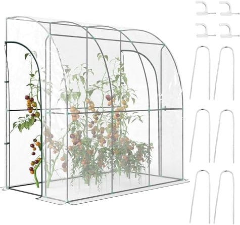 Outsunny Walk-In Greenhouse, Lean-to Small Greenhouse with Zipped Roll Up Doors, Plastic Cover and Sloping Top for Flowers, Vegetables and Herbs, 214cm x 118cm x 212cm, Clear