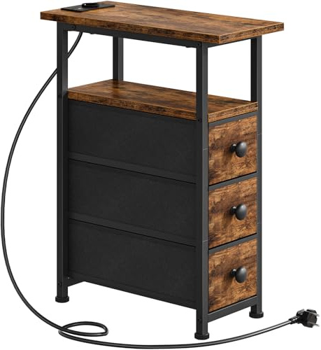 HOOBRO Nachttisch mit Ladestation, 1 Standardsteckdose, 2 USB-Anschlüsse, schmaler Beistelltisch, 3 Vliesstoff-Schubladen, offenes Fach, für Wohn-, Schlafzimmer, Retro-Braun und Schwarz EBF482CBZ01