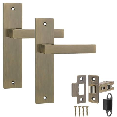 Decoranddecor Lumina Antique Brass Backplate Door Handles Set with 2.5in Fire-Rated Tubular Mortise Latch – Contemporary Internal Door Handles, Art Deco Design for Residential & Commercial Interiors