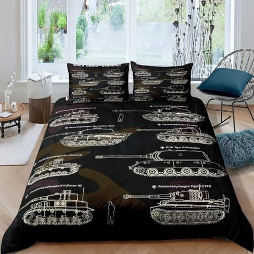 Bettwäsche 155x220 Schwarz Bettwäsche-Sets Atmungsaktive Angenehme Bügelfrei Microfaser 3D Bettbezug Panzer mit Reißverschluss und 2 Kissenbezüge b-151