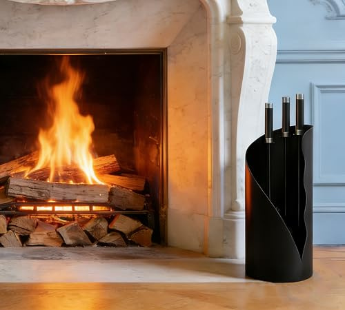 Calidola Ensemble d'outils de cheminée avec support – Ensemble d'outils de cheminée 4 pièces avec poignées hybrides en acier inoxydable et fer – pelle, brosse et tisonnier – Finition noire avec