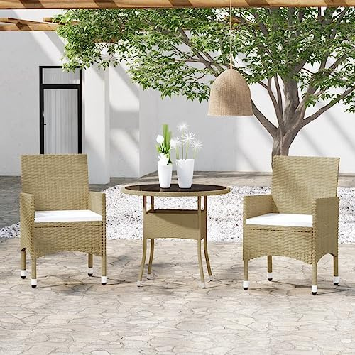 YuuSsea 3-TLG. Garten-Essgruppe aus wetterfestem Poly Rattan, Beige, runder Tisch 80x75cm, 2 Stühle mit Kissen, für Terrasse, Balkon, Gartenmöbel Set