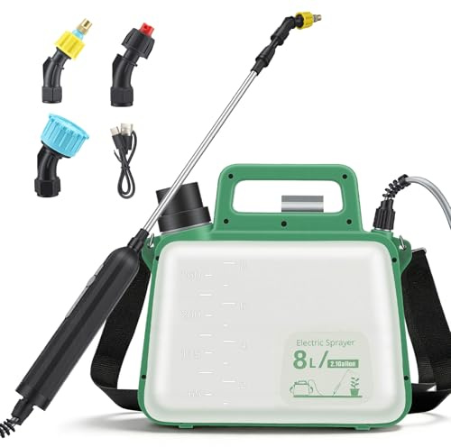Elektrischer Drucksprüher 8L mit 4-in-1 Düse | USB-Aufladbarer Gartenspritze mit Teleskopstange, Schultergurt & Schaumsprüher für Pflanzen, Unkraut und Reinigung