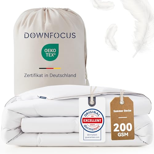 DOWNFOCUS - Daunen Bettdecke I Daunendecke 220x240 I 100% extra weiche Federn & Daunen | Oeko-Tex, RDS Zertifiziert für Tierwohl (220 x 240 cm, Leichte Sommerdecke)