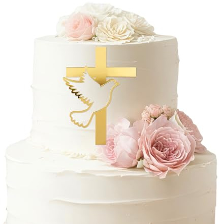 Cross First Holy Communion Cake Topper, Acrylic Gold Cross With Hollow Out Dove Baptism Confirmation Cake Topper, Communion Cakes Topper for God Bless Cakes Decorationsr Baby Shower Party Supplies