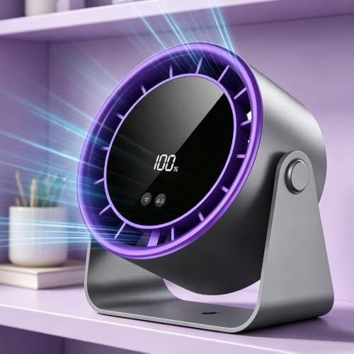 Nzkeuf Desk Fan, USB Rechargeable Desktop Fan with LED Digital Display, 100 Speeds 90° Tilt Hangable Quiet Portable Table Fans for Bedroom, Office, Dorm, Kitchen, Home, Camping (Purple grey)