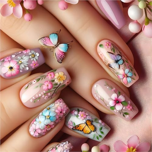 24 Stück Schmetterlingsnägel zum Aufkleben, glänzend, falsche Ballerinas, zum Aufdrücken von Blumen, künstliches Acryl
