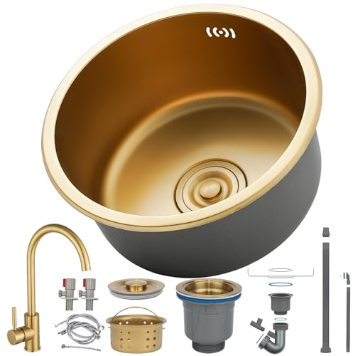 CZYWKDDPP Lavabo de Cuisine/Salle de Bain Rond, 1 Vasque, Finition Or, en Acier Inoxydable doré, Nano avec bonde, Facile à Nettoyer, encastré sous Plan (Robinet doré n° B).