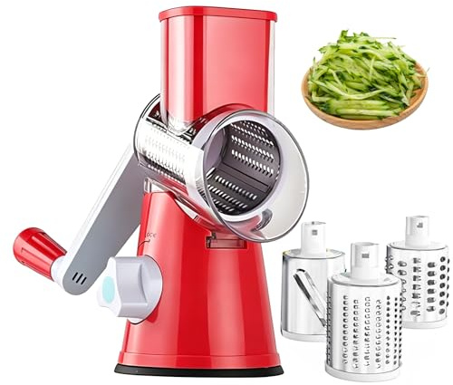 Mandolina de cocina manual,Cortador de verduras multifunción con 3 cuchillas de tambor desmontables,Rallador manual de zanahorias rapadas de corte para rebanar cortar y rallar la verduras (rojo)