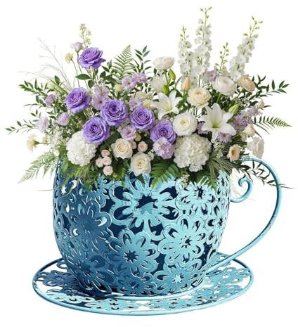 MFYOUPK Tea Cup Plant Pot, Iron Retro Hollow Teacup Planter Vintage Tea Cup Flower Pot Novelty Garden Ornament For Home Farmhouse Indoor Garden Patio Porch