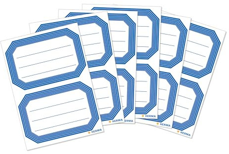 HERMA 5714 Buchetiketten zum Beschriften neutral blauer Rand, 12 Stück, 82 x 55 mm, selbstklebend, liniert, Buchaufkleber für Schule Kinder Mädchen Jungen, blanko Heftetiketten Aufkleber, weiß