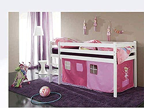 moebelstore24 Spielbett Hochbett Tilo Kiefer Massiv Weiß inkl. Rollrost und Vorhang