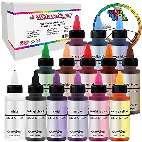 U.S. Cake Supply Airbrush Cake 12 Color Set, 2.0 fl. oz. (59ml) Bottles