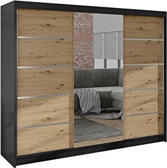 Mirjan24 Kleiderschrank Dotan VI mit Spiegel, Kleiderstange und Fächer, Schlafzimmerschrank, Schwebetürenschrank, Dielenschrank, Garderobenschrank (Schwarz/Artisan)