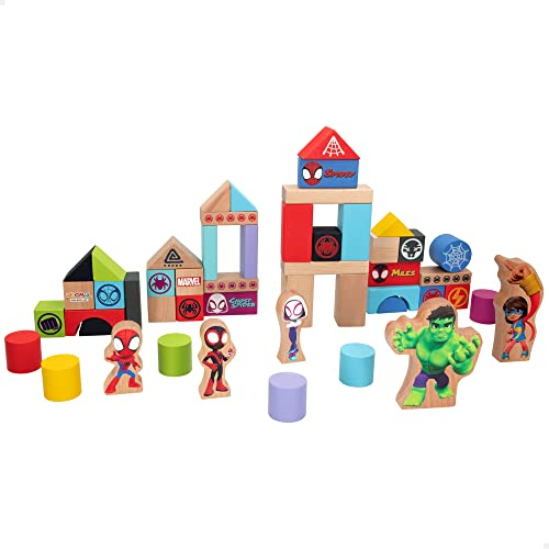 WOOMAX 48755 - Spidey und Sein Superteam, Holzbausteine für Kinder, Bausteine für Burgen und Mauern, Farbblöcke zum Spielen