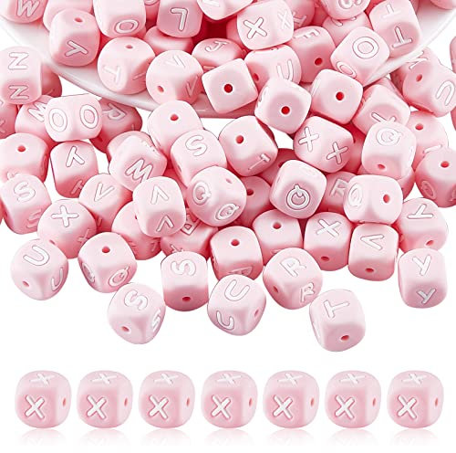 BEEFLYING 20 Pièces Perles en Silicone pour Lettres cubiques Rose Perles Alphabet dés carrés 12mm Perles d'espacement initiales à Large Trou pour la Fabrication de Porte-clés (Lettre X)