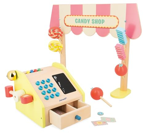 Janod - Marchande Enfant Applepop - Jeu d'Imitation avec Caisse Enregistreuse - 19 Accessoires - Développe l'Imagination - Jouet en Bois FSC - Peinture à l'eau - Dès 3 Ans,J03350