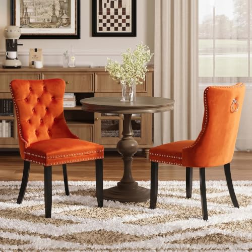 SoarTalent 2er Set Esszimmerstühle Samt gepolstert Nagelkopf, Orange | Samt gepolstert, Nagelkopfbesatz, Massivholzbeinen, Metall-Ziehring, für Esszimmer & Wohnzimmer