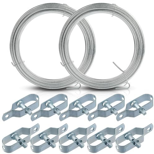 10 PCS Fence Wire Tensioners with 200 FT Galvanised Rope, Heavy Duty Fencing Line Wire Tightener, Garden Adjuster Cable Tensioner Ratchet Galvanised Cable Turnbuckle Strainers for Rope Fixed Fence