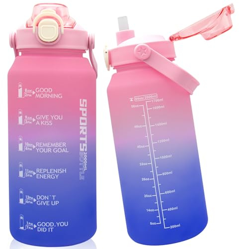 2 Litre Gourde Sport, Grande Gourde Sport Avec Paille et Marquage de l'heure, Bouteille d'eau Motivantes pour Rester Hydraté, Étanche, Pour le Gym Bureau l'école Fitness, Tritan, Sans BPA